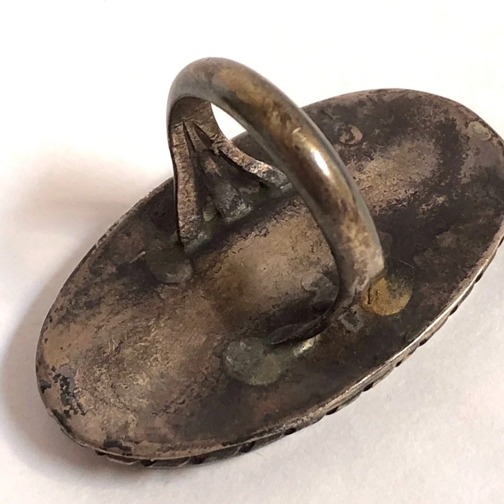 VTG Big Navajo Ring Sz 10 Banded Agate MCM 1960s Sterling 61g Native Amer